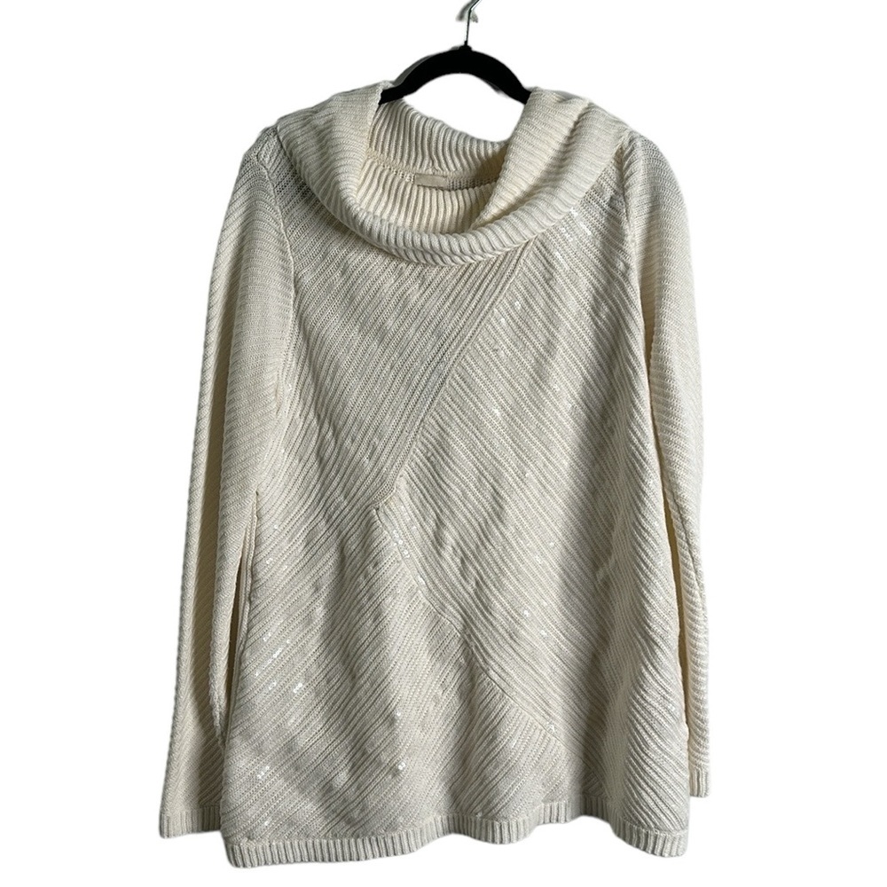 Chico's ivory cowl neck sequins pullover sweater size 3 new